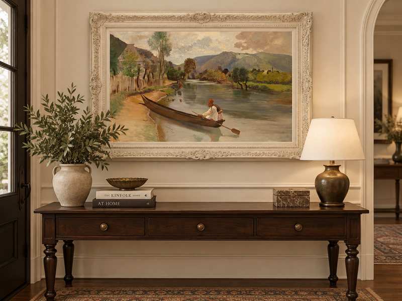 Peinture à l'huile de paysage - Rivière avec bateau, personnage et village