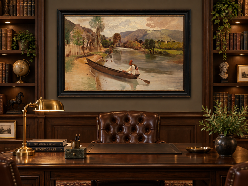Peinture à l'huile de paysage - Rivière avec bateau, personnage et village