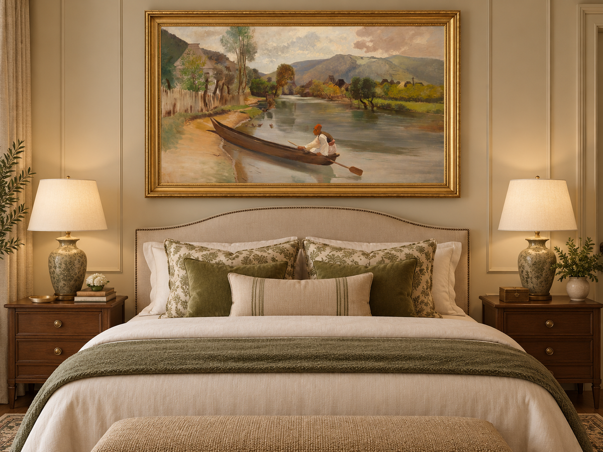 Peinture à l'huile de paysage - Rivière avec bateau, personnage et village