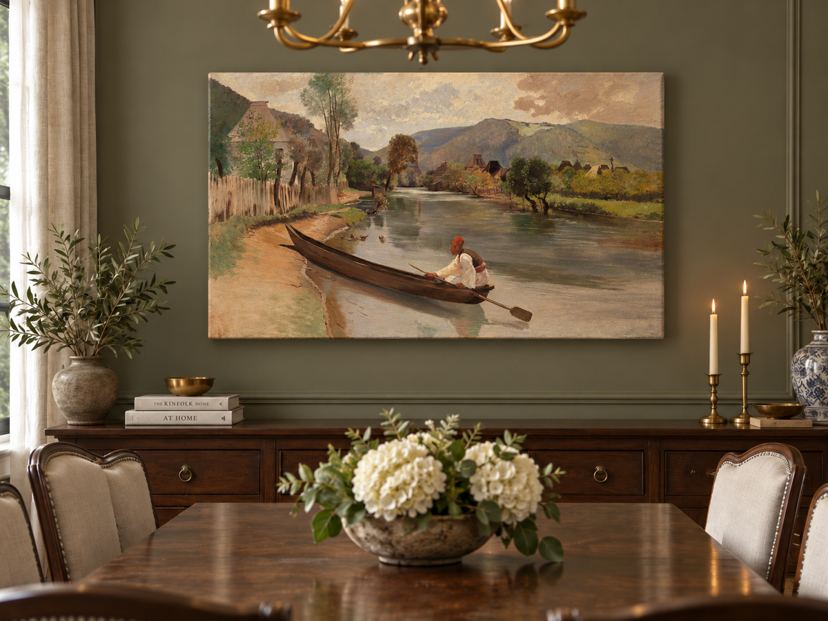 Peinture à l'huile de paysage - Rivière avec bateau, personnage et village