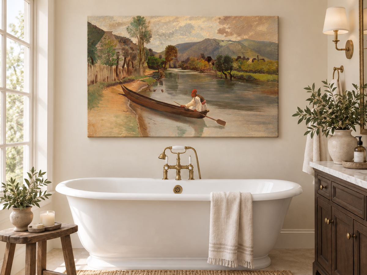 Peinture à l'huile de paysage - Rivière avec bateau, personnage et village