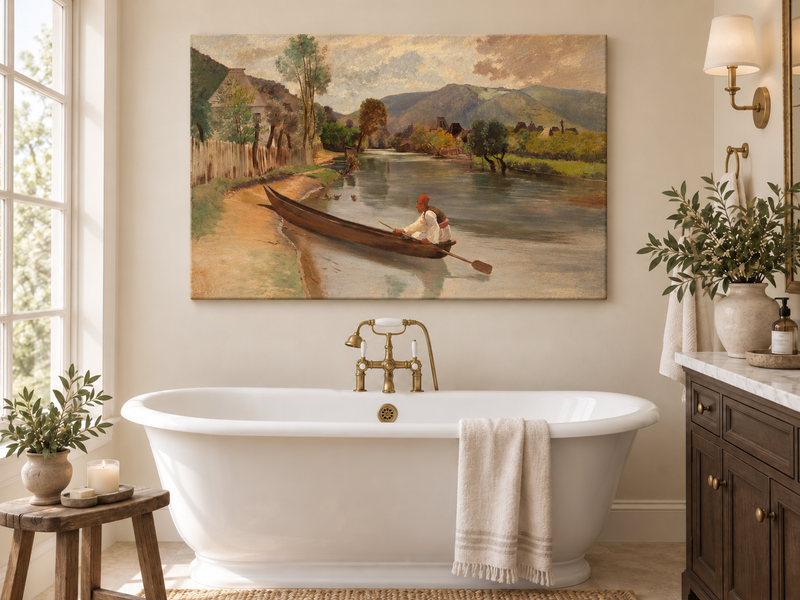 Peinture à l'huile de paysage - Rivière avec bateau, personnage et village