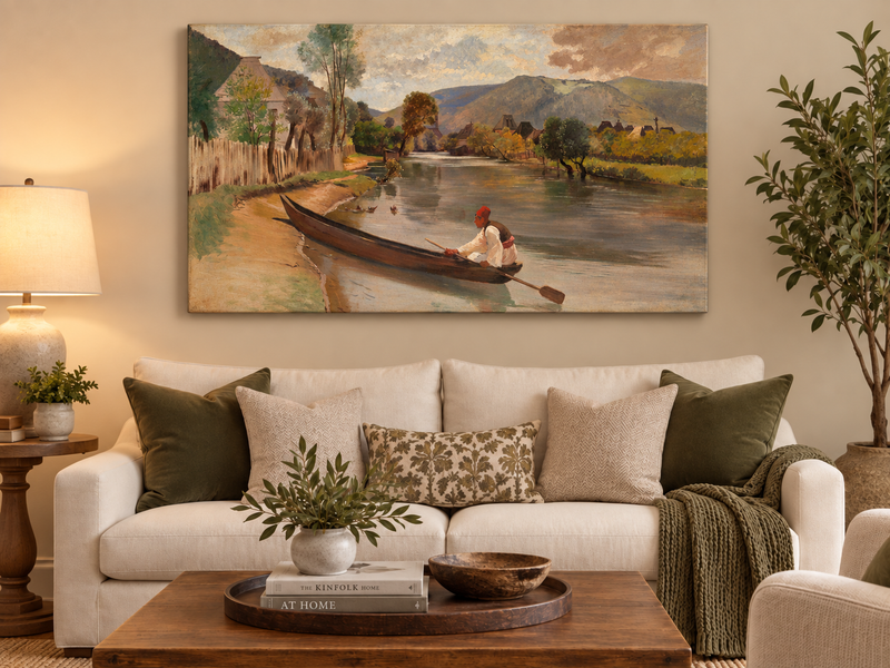 Peinture à l'huile de paysage - Rivière avec bateau, personnage et village