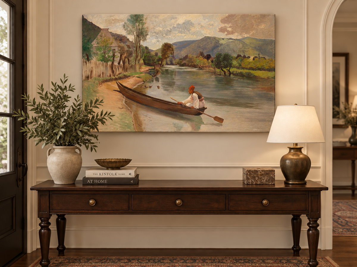Peinture à l'huile de paysage - Rivière avec bateau, personnage et village