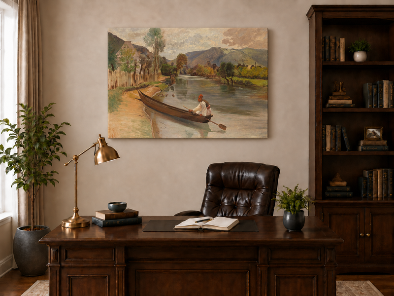 Peinture à l'huile de paysage - Rivière avec bateau, personnage et village
