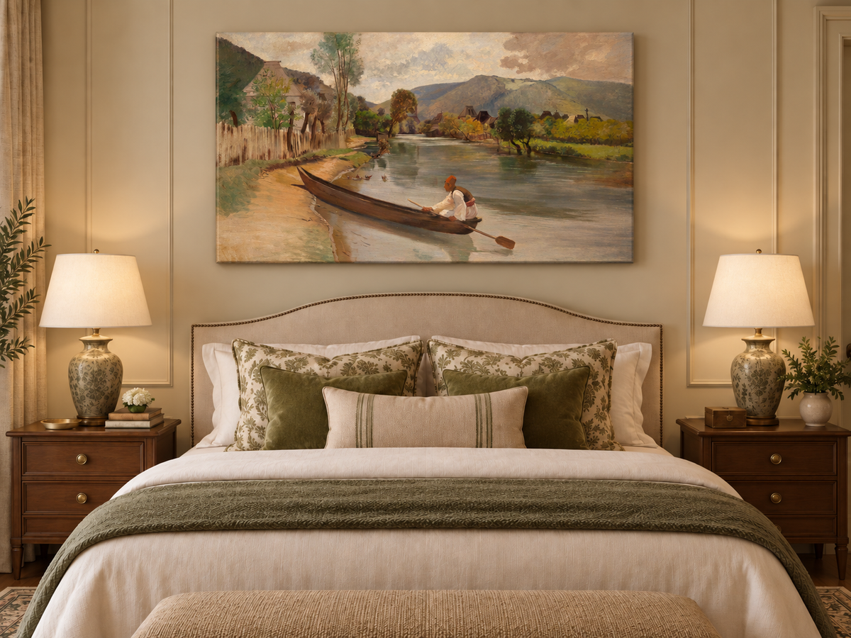 Peinture à l'huile de paysage - Rivière avec bateau, personnage et village