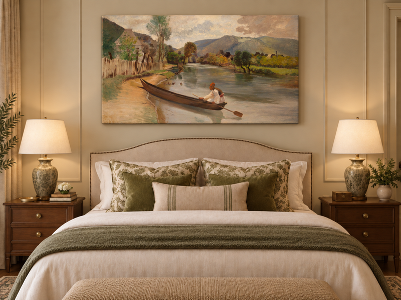 Peinture à l'huile de paysage - Rivière avec bateau, personnage et village