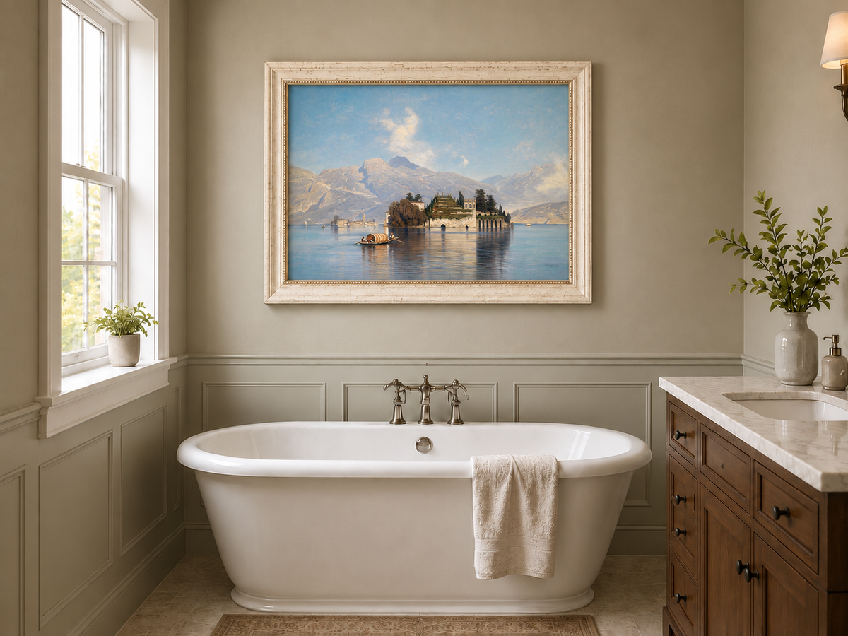 Peinture à l'huile de paysage - Lac avec île, bateau et montagnes