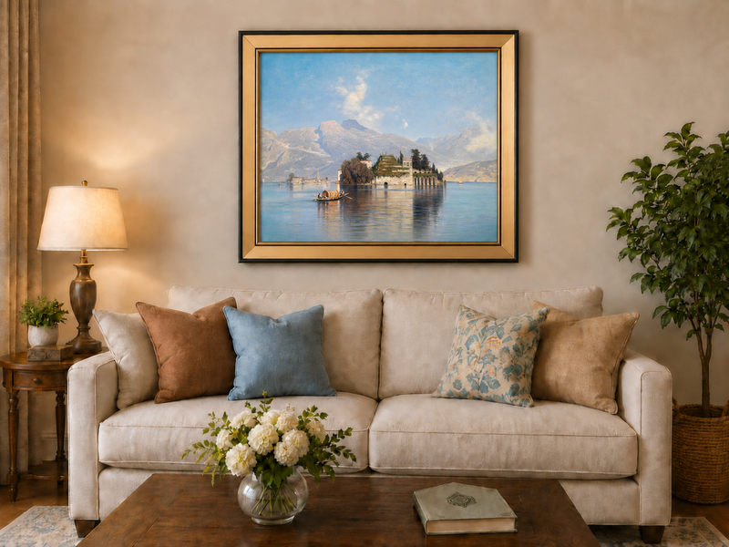 Peinture à l'huile de paysage - Lac avec île, bateau et montagnes