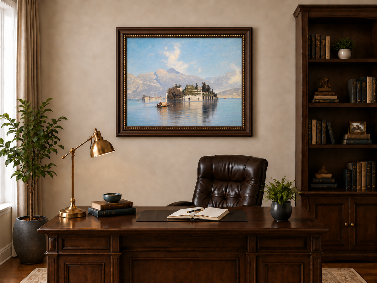 Peinture à l'huile de paysage - Lac avec île, bateau et montagnes