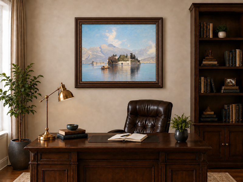 Peinture à l'huile de paysage - Lac avec île, bateau et montagnes
