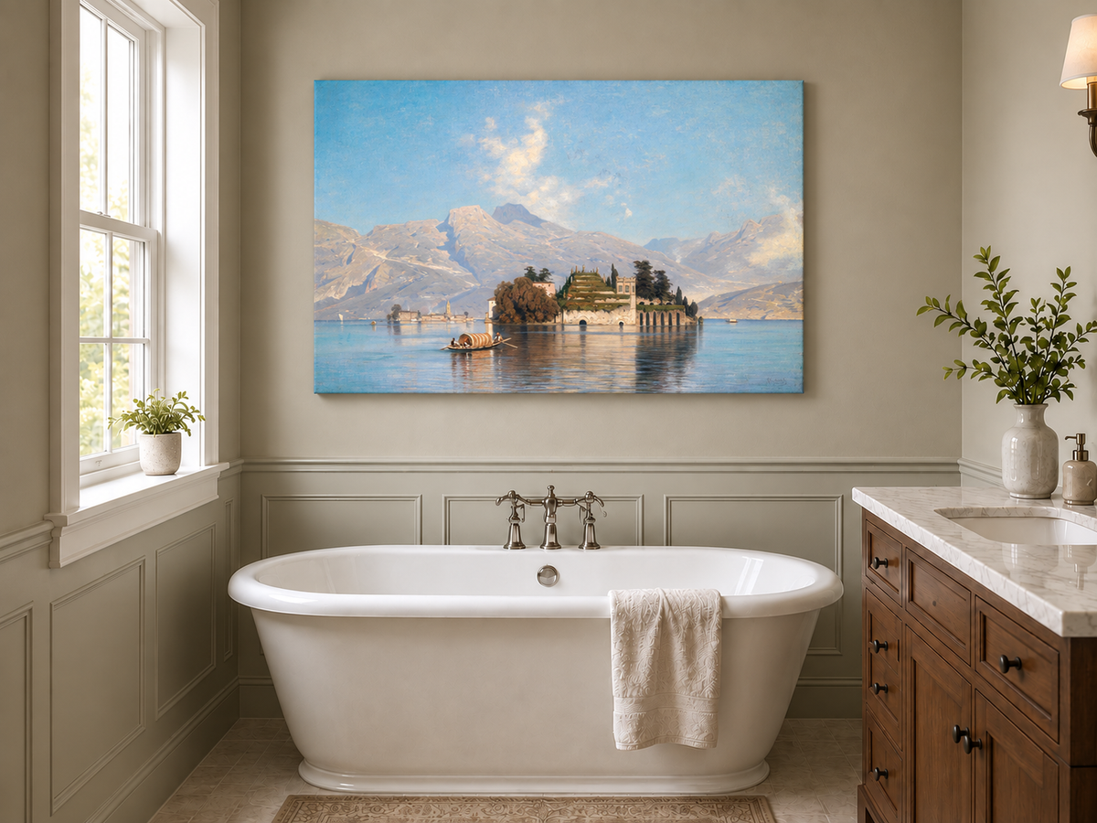 Peinture à l'huile de paysage - Lac avec île, bateau et montagnes
