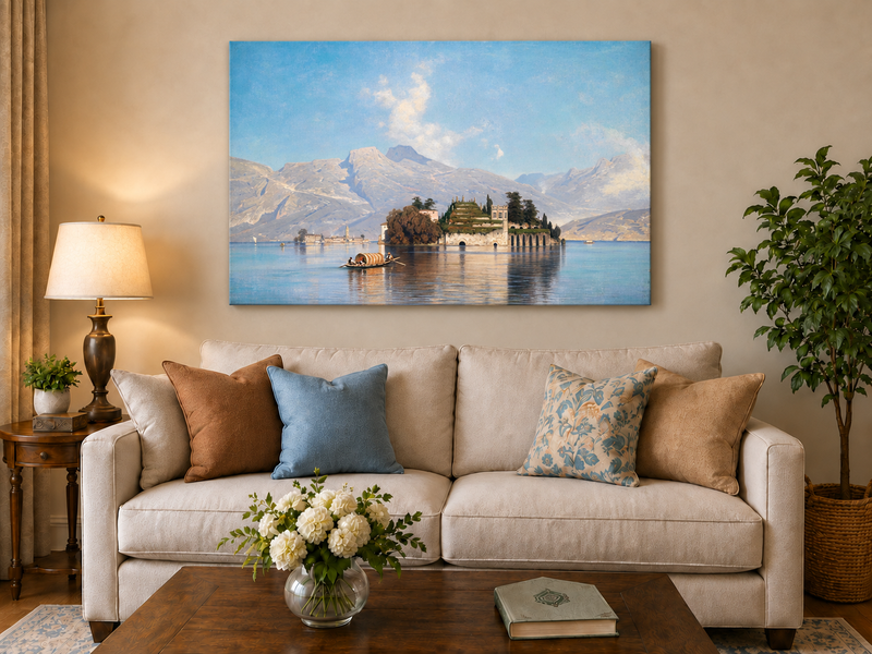 Peinture à l'huile de paysage - Lac avec île, bateau et montagnes