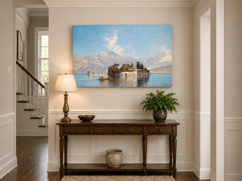 Peinture à l'huile de paysage - Lac avec île, bateau et montagnes