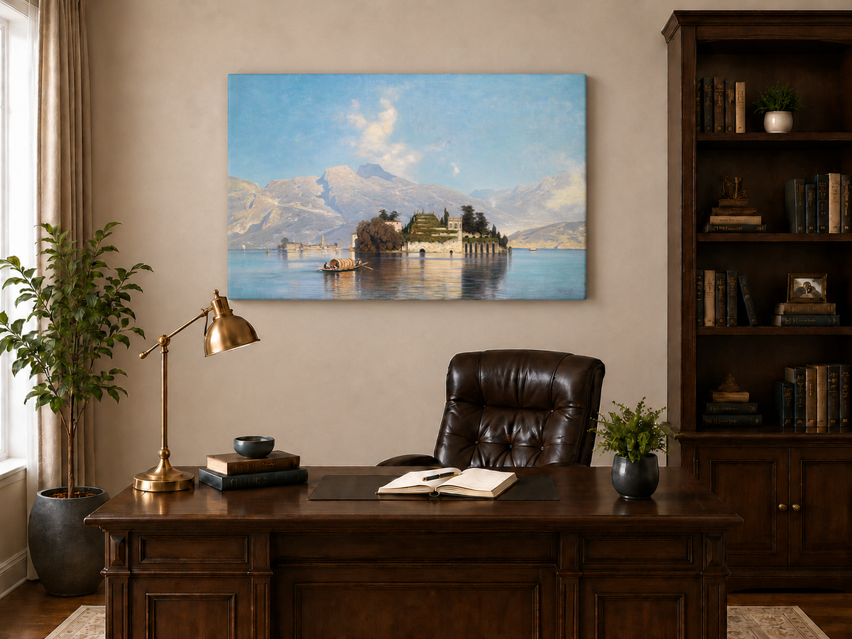 Peinture à l'huile de paysage - Lac avec île, bateau et montagnes
