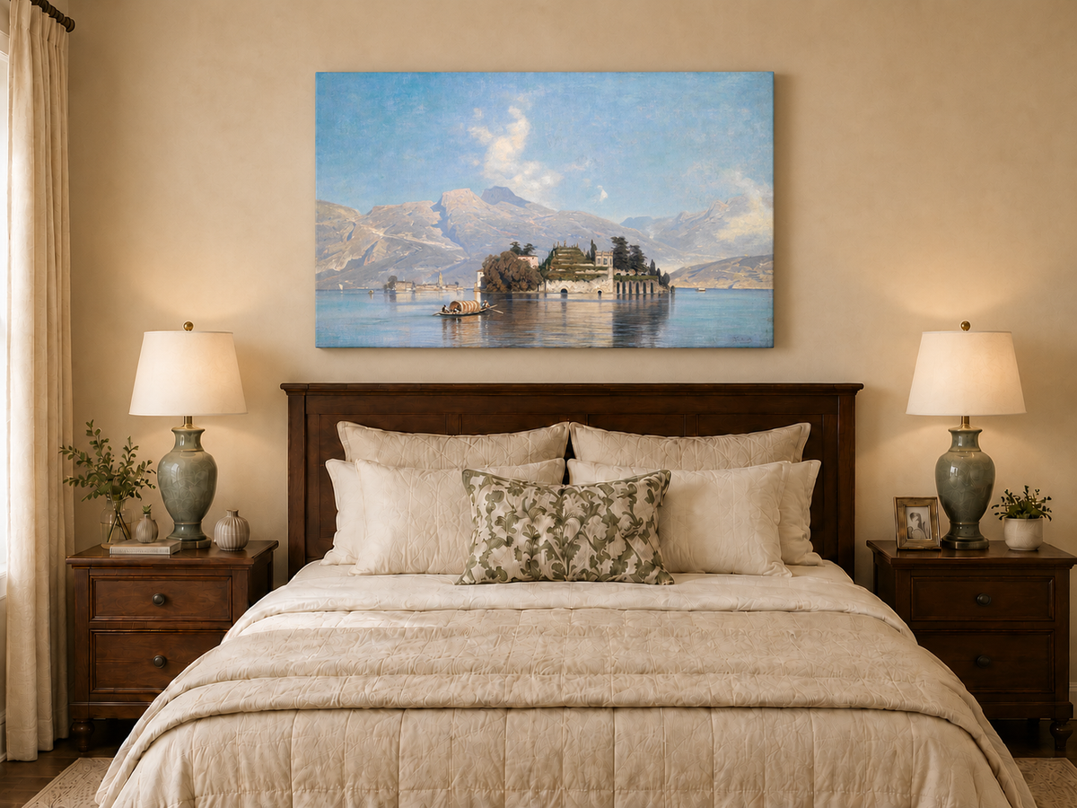 Peinture à l'huile de paysage - Lac avec île, bateau et montagnes