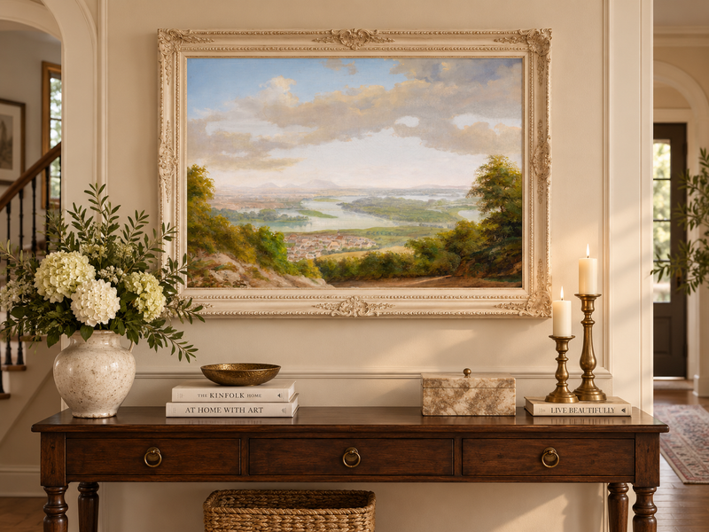 Peinture à l'huile de paysage - Rivière avec ville et paysage
