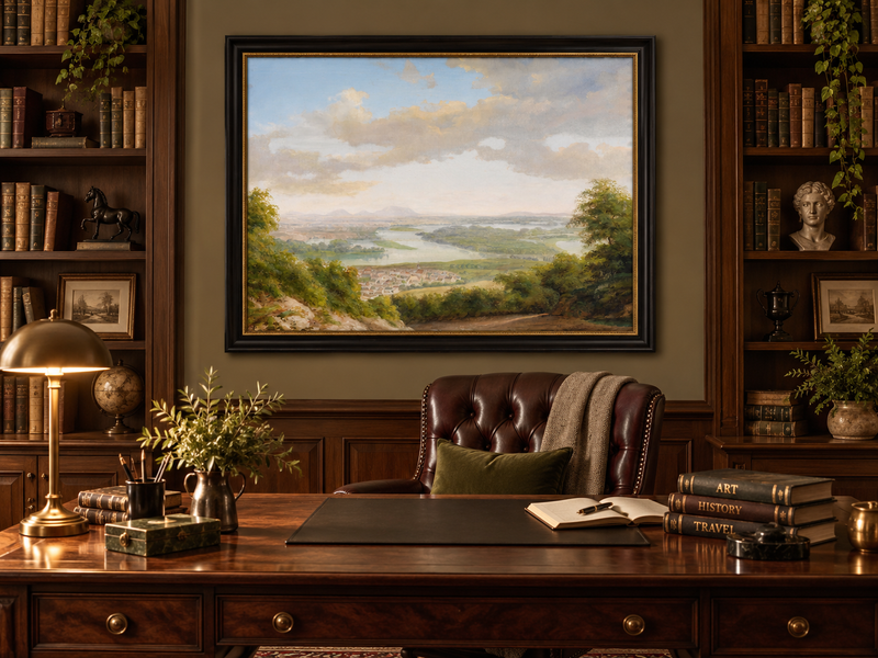 Peinture à l'huile de paysage - Rivière avec ville et paysage