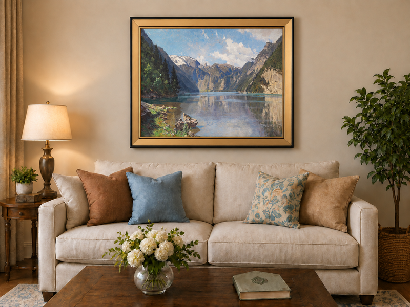 Peinture à l'huile de paysage - Gouffre rocheux spectaculaire avec personnages