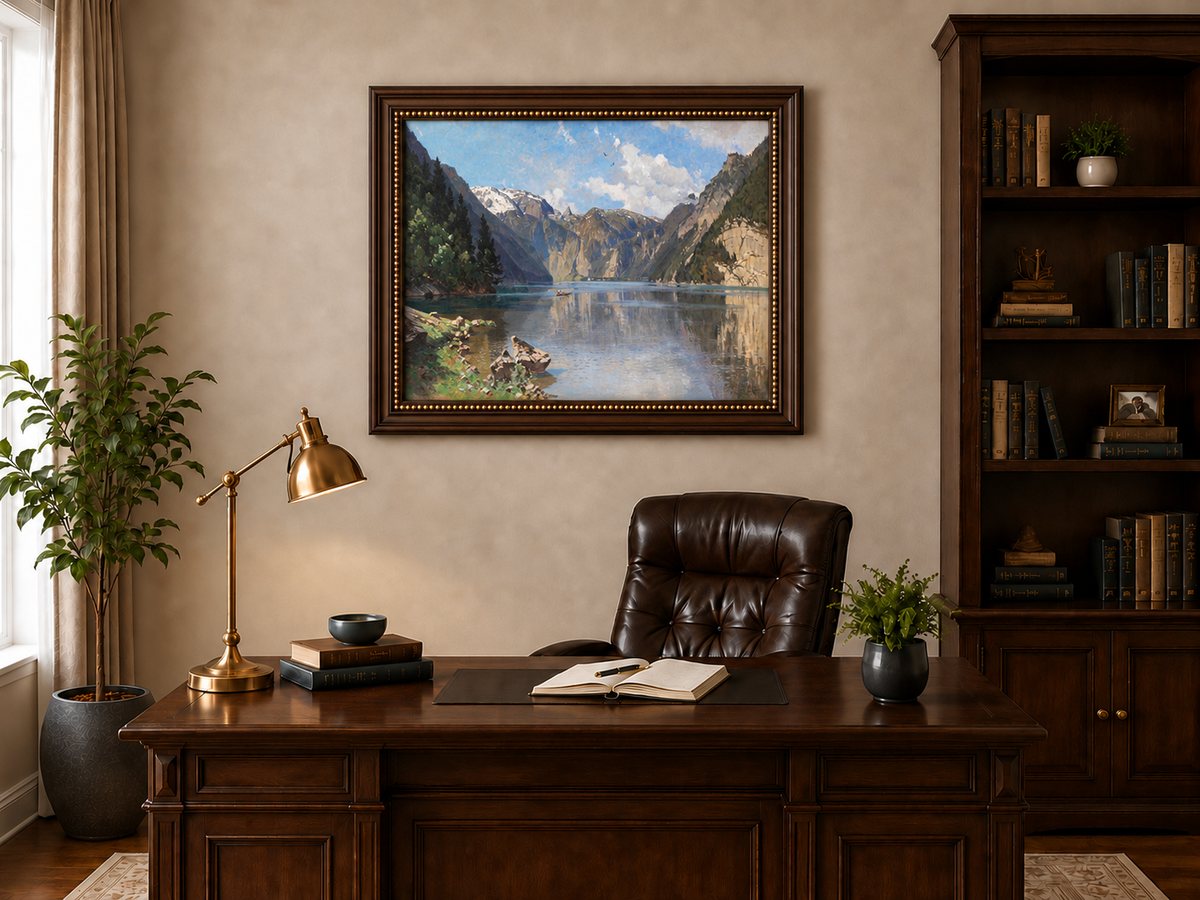 Peinture à l'huile de paysage - Gouffre rocheux spectaculaire avec personnages