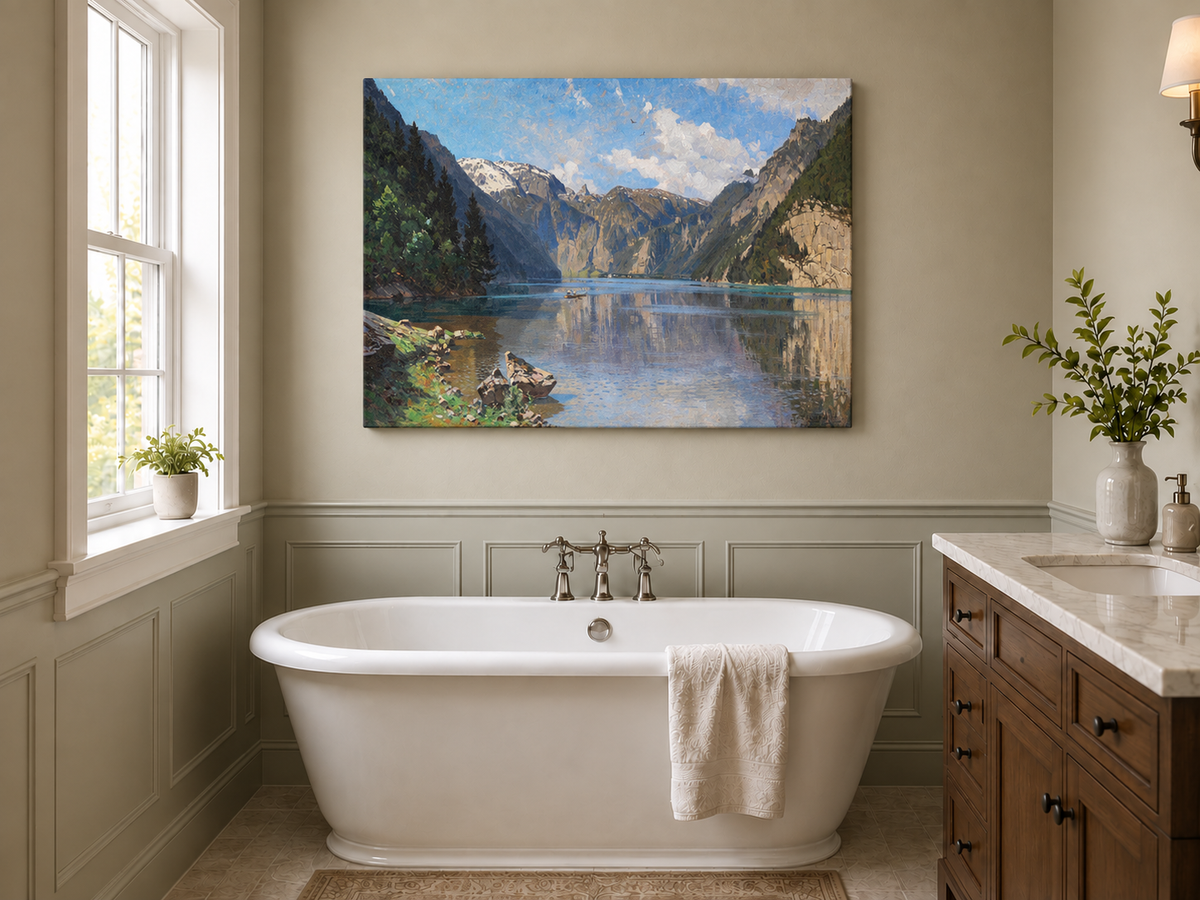 Peinture à l'huile de paysage - Gouffre rocheux spectaculaire avec personnages