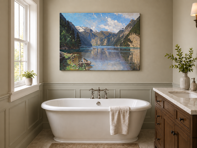 Peinture à l'huile de paysage - Gouffre rocheux spectaculaire avec personnages