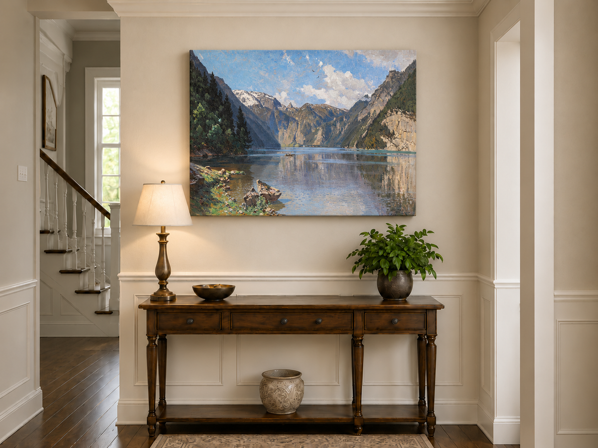 Peinture à l'huile de paysage - Gouffre rocheux spectaculaire avec personnages
