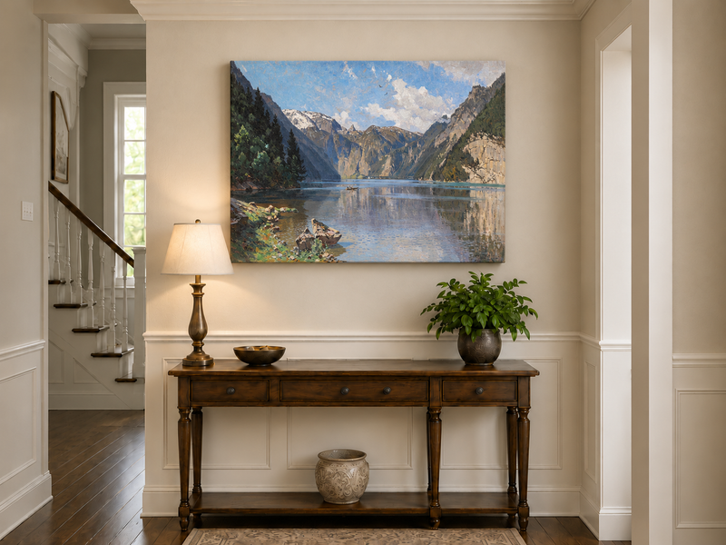 Peinture à l'huile de paysage - Gouffre rocheux spectaculaire avec personnages