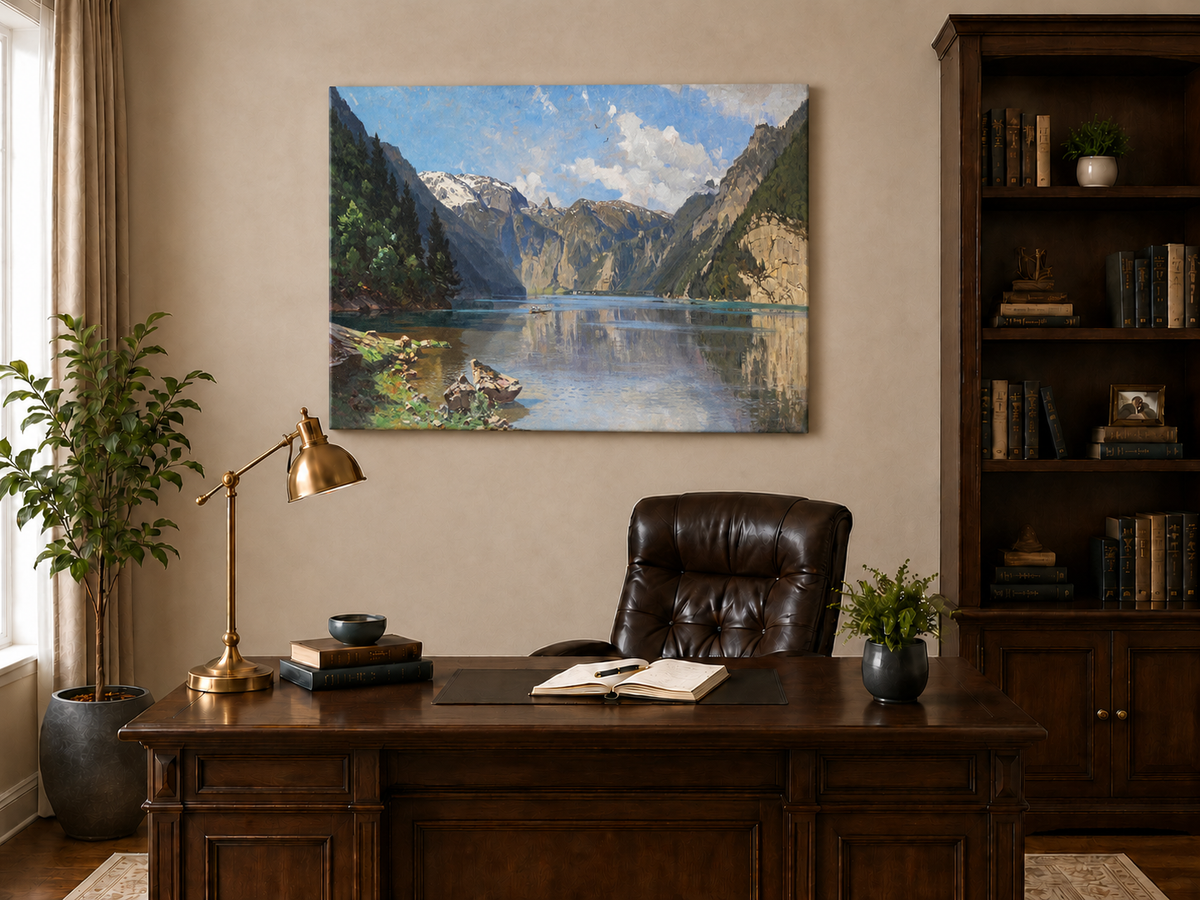 Peinture à l'huile de paysage - Gouffre rocheux spectaculaire avec personnages