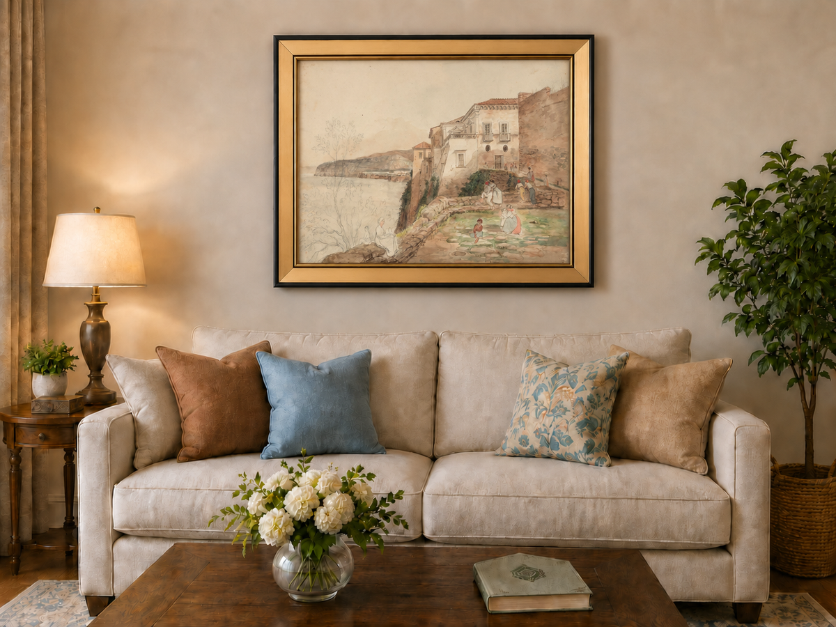 Landscape Oil Painting - Coastal Villa Terrace by the Sea