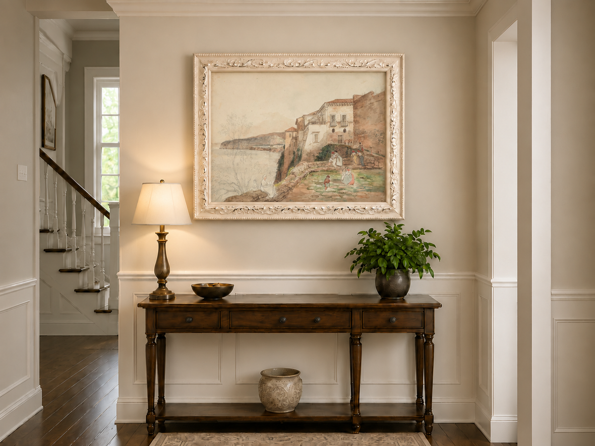 Landscape Oil Painting - Coastal Villa Terrace by the Sea
