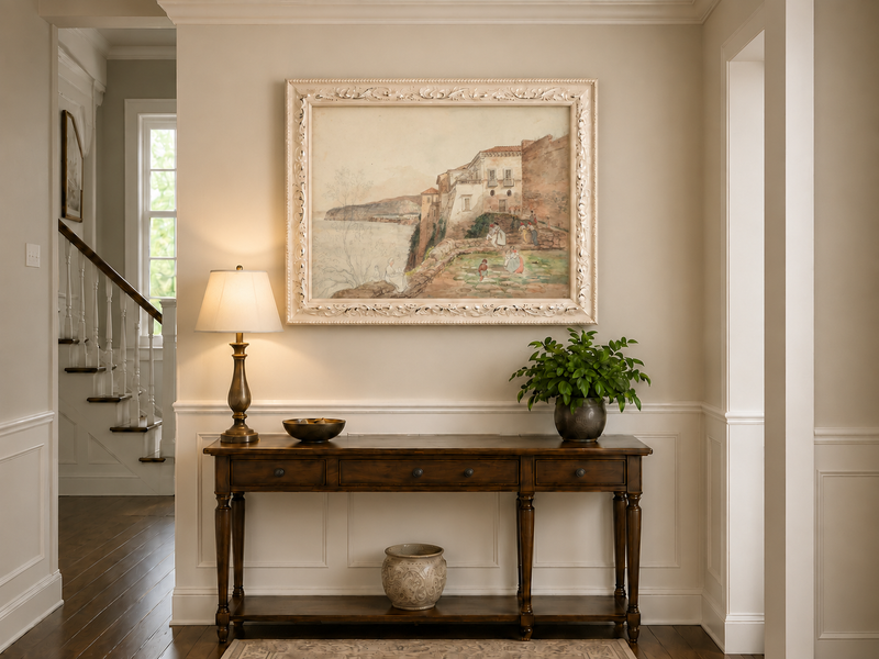 Landscape Oil Painting - Coastal Villa Terrace by the Sea