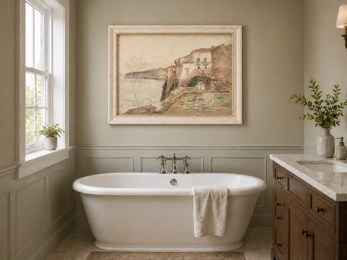 Landscape Oil Painting - Coastal Villa Terrace by the Sea