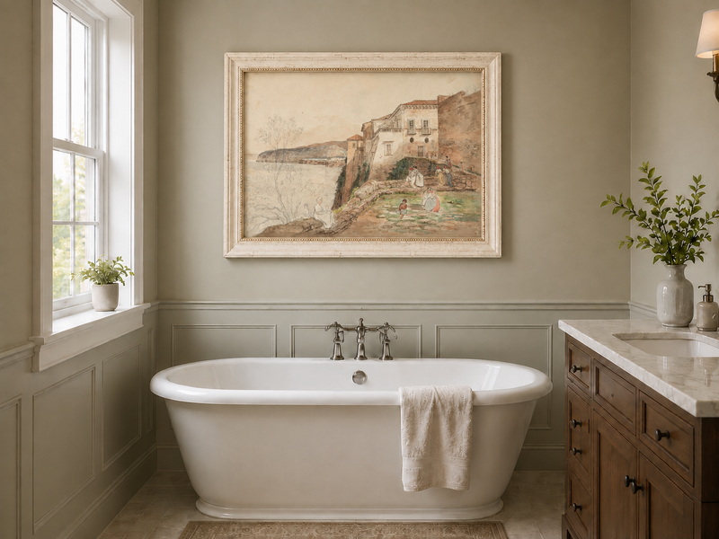 Landscape Oil Painting - Coastal Villa Terrace by the Sea