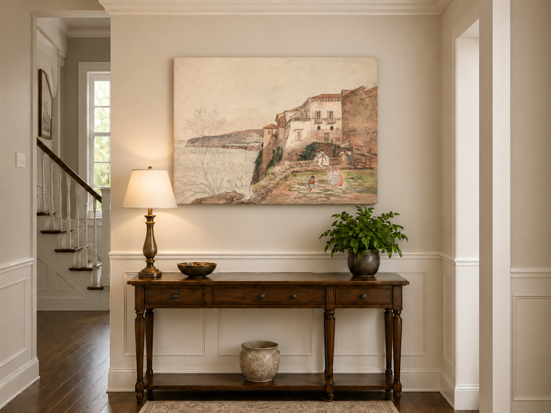 Landscape Oil Painting - Coastal Villa Terrace by the Sea