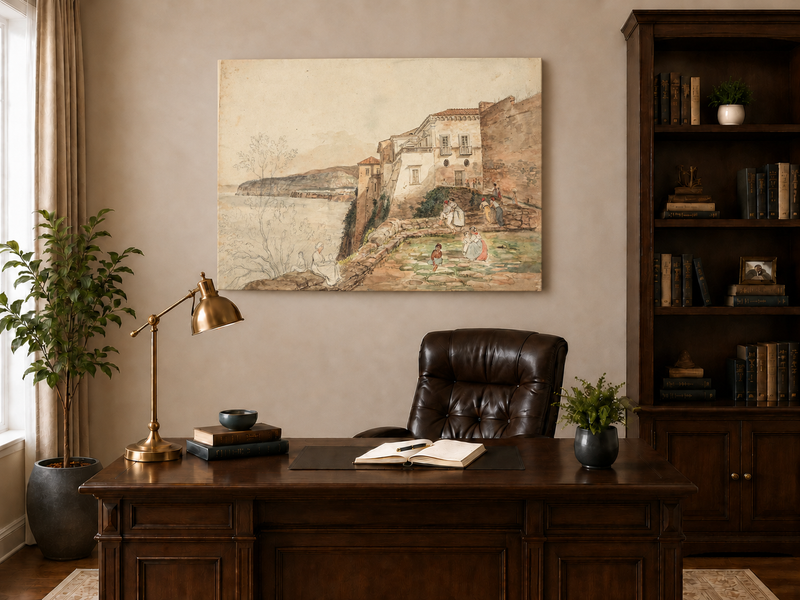 Landscape Oil Painting - Coastal Villa Terrace by the Sea