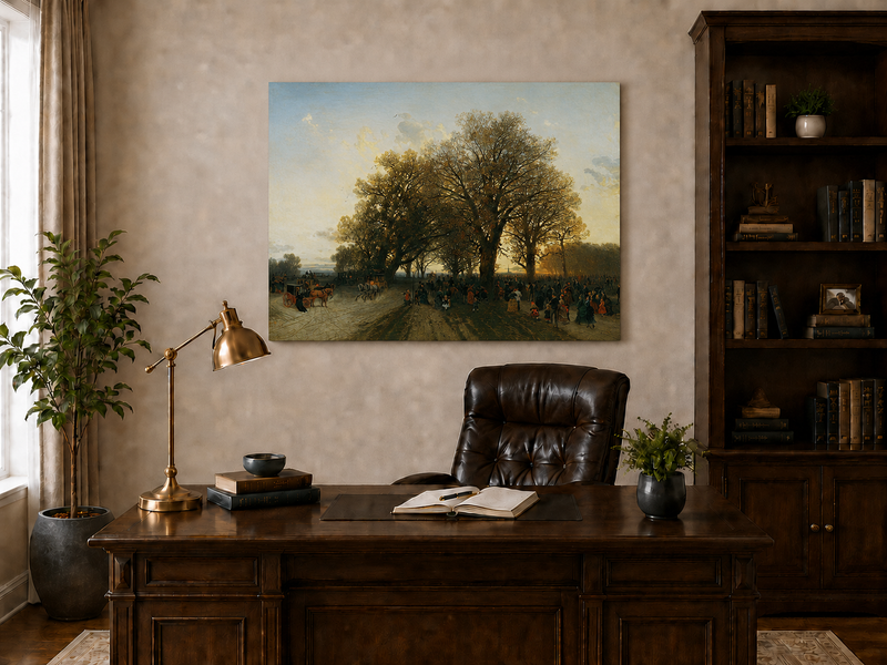 Landschaftsgemälde (Öl) – Herbstabend, Park, große Bäume, Menschenmenge