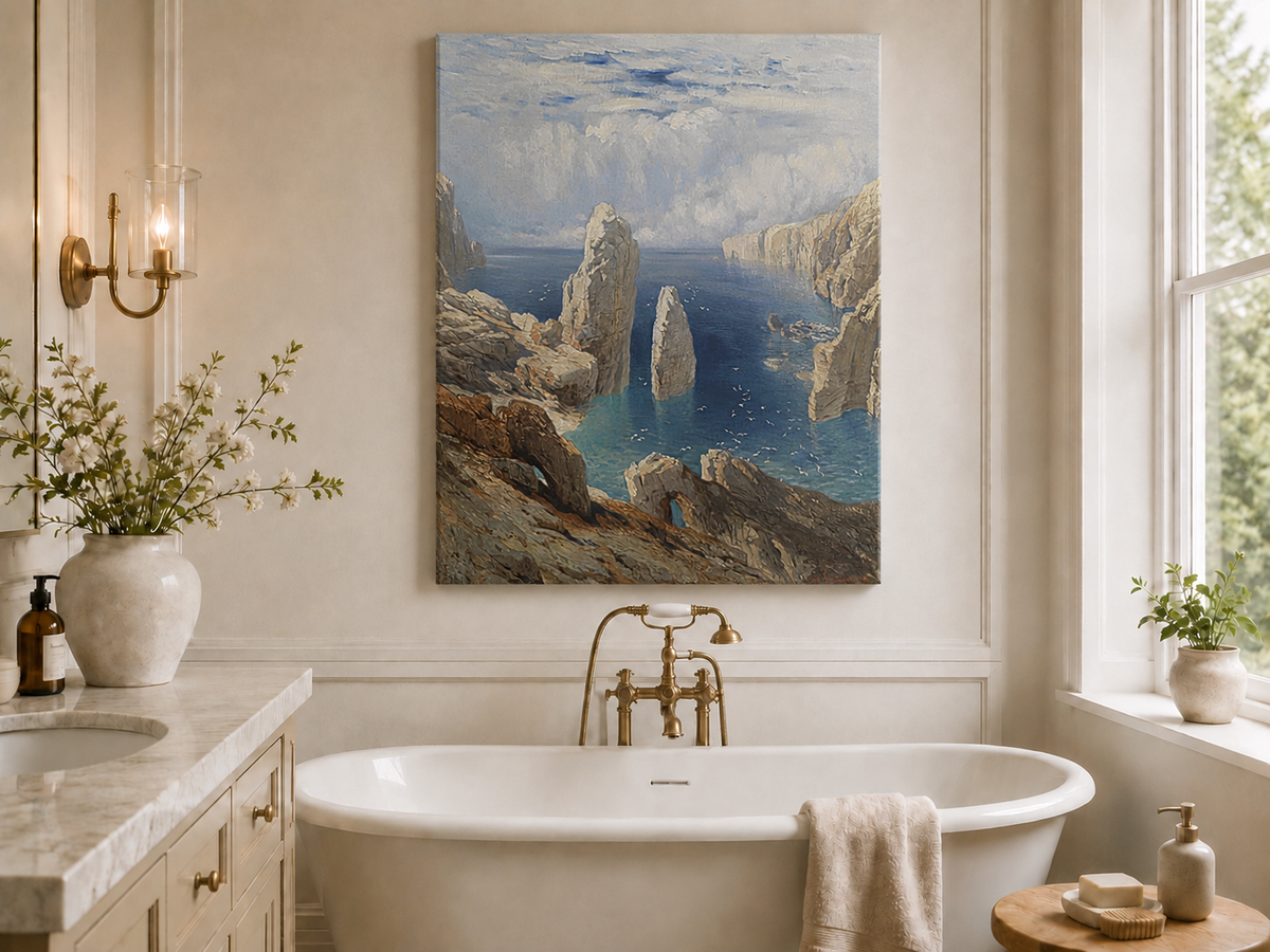 Landscape Oil Painting - Sea Cliff Pinnacles Turquoise Waters