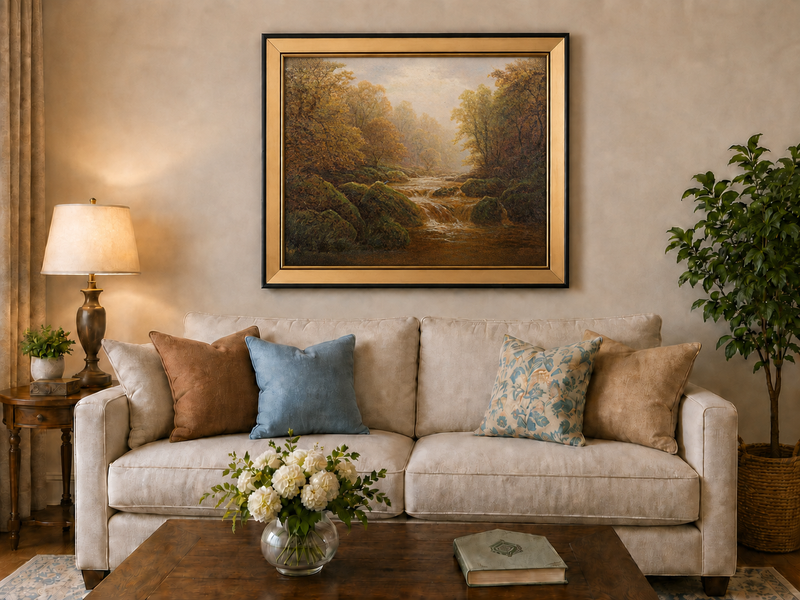 Peinture à l'huile de paysage - Ruisseau forestier d'automne avec des rochers moussus