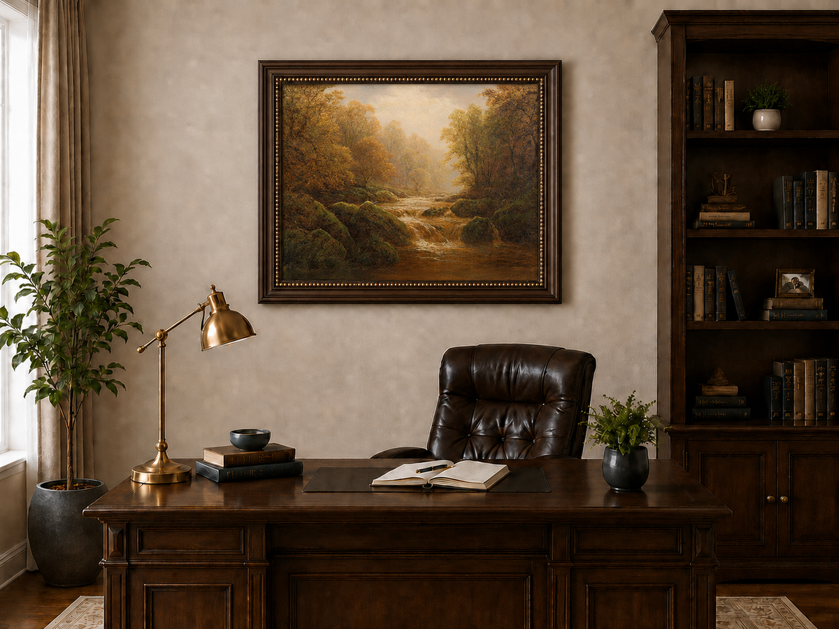 Peinture à l'huile de paysage - Ruisseau forestier d'automne avec des rochers moussus