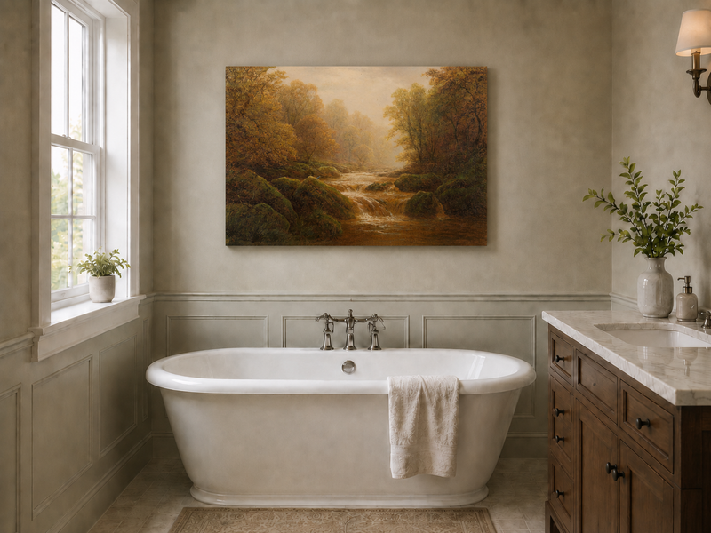 Peinture à l'huile de paysage - Ruisseau forestier d'automne avec des rochers moussus