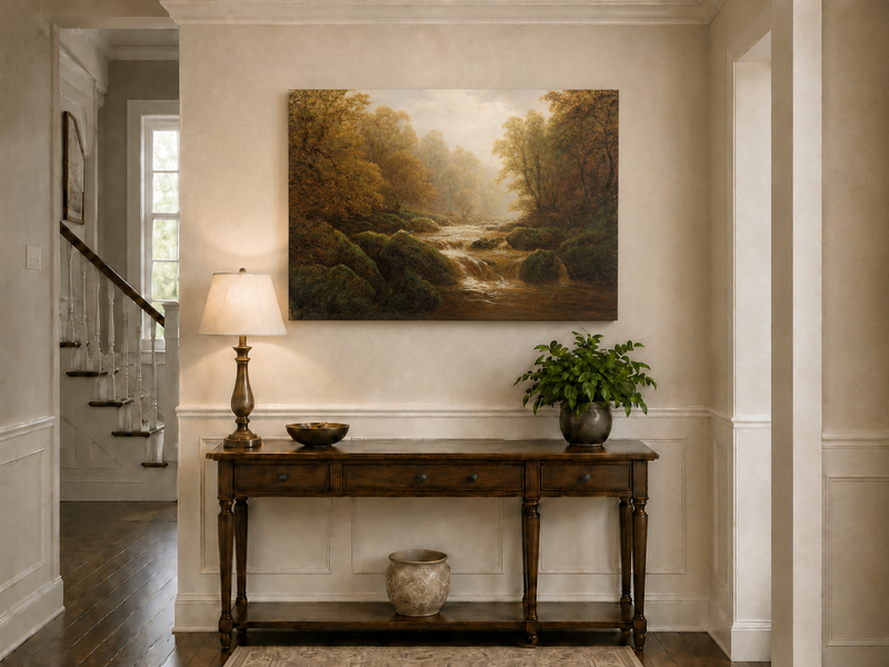 Peinture à l'huile de paysage - Ruisseau forestier d'automne avec des rochers moussus