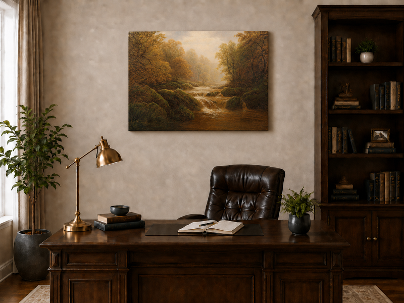 Peinture à l'huile de paysage - Ruisseau forestier d'automne avec des rochers moussus