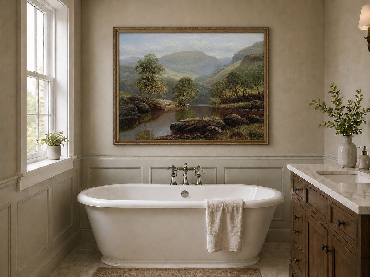 Landscape Oil Painting - Summer Mountain Valley River & Cattle