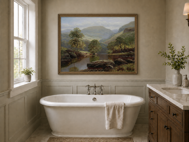Landscape Oil Painting - Summer Mountain Valley River & Cattle