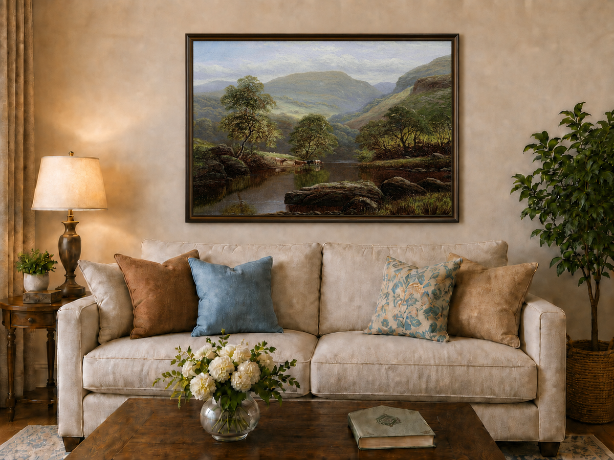 Landscape Oil Painting - Summer Mountain Valley River & Cattle