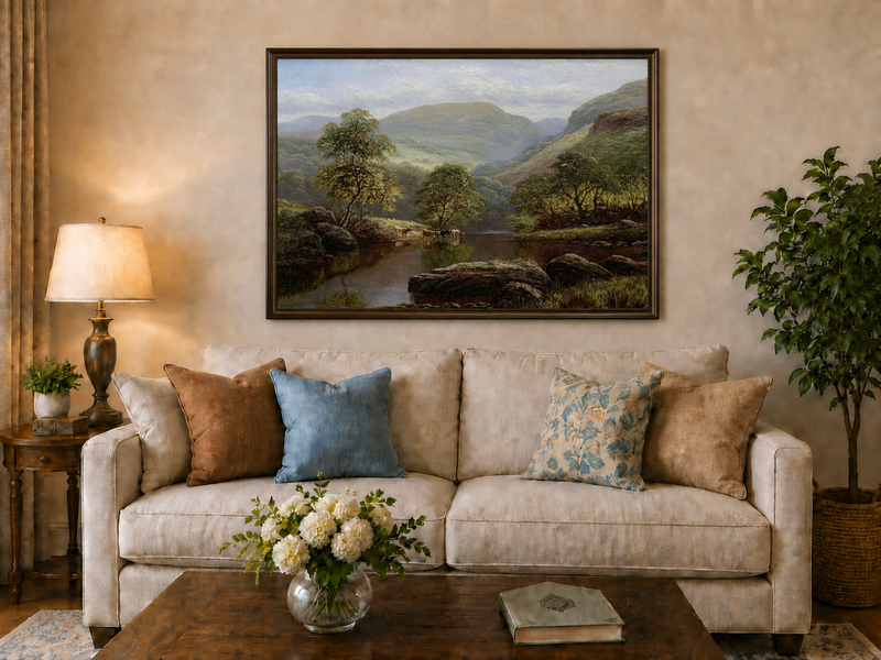 Landscape Oil Painting - Summer Mountain Valley River & Cattle