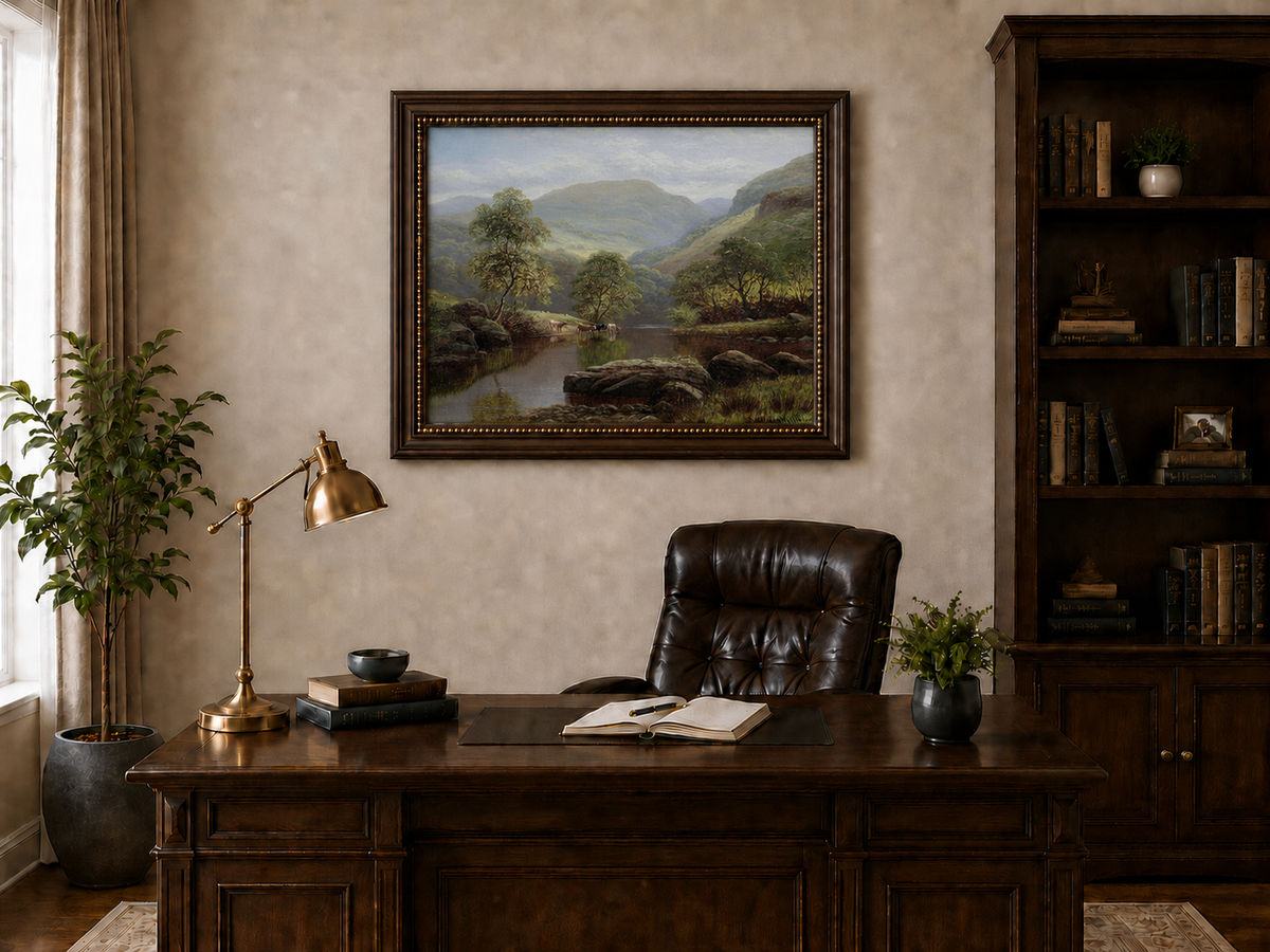 Landscape Oil Painting - Summer Mountain Valley River & Cattle