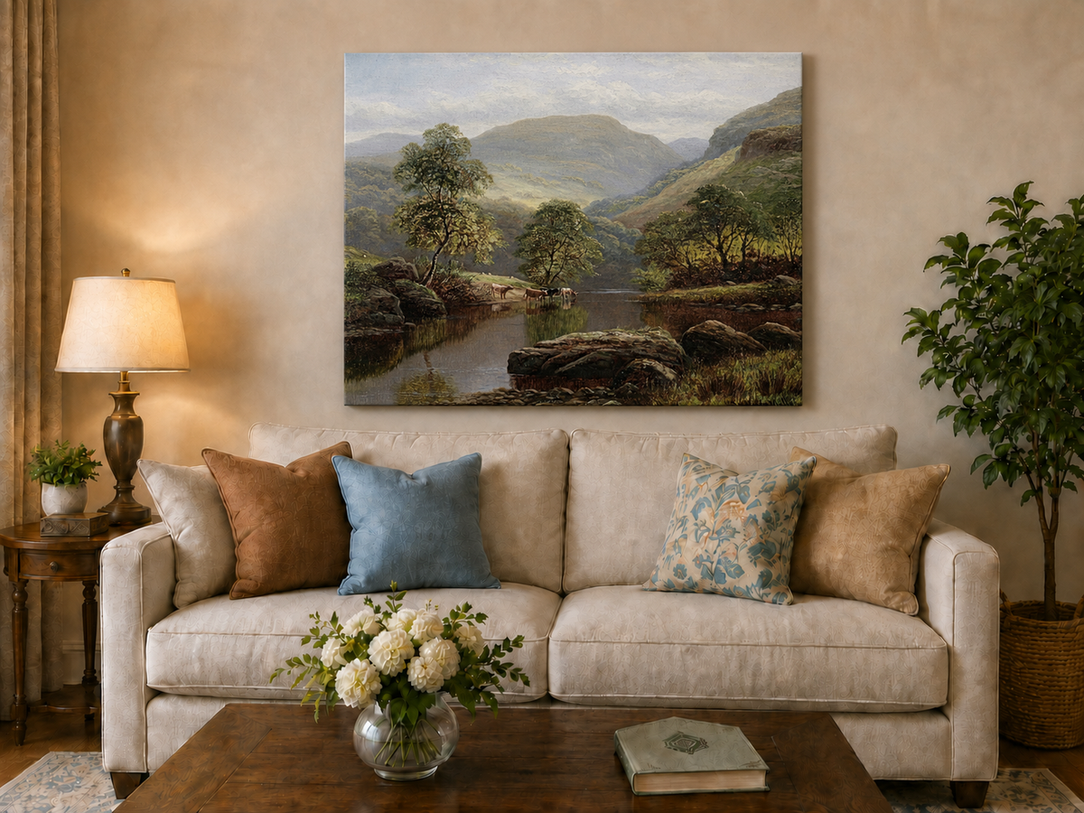 Landscape Oil Painting - Summer Mountain Valley River & Cattle