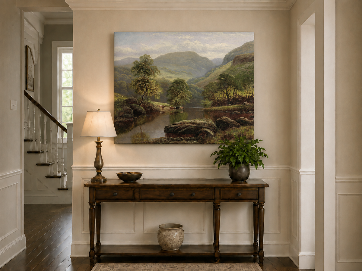 Landscape Oil Painting - Summer Mountain Valley River & Cattle